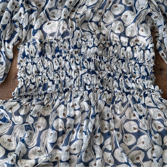 REBECCA TAYLOR Deco Fleur Silk Midi Dress Ruched High Neck Smock Waist Blue Sz 4 - Picture 3 of 14